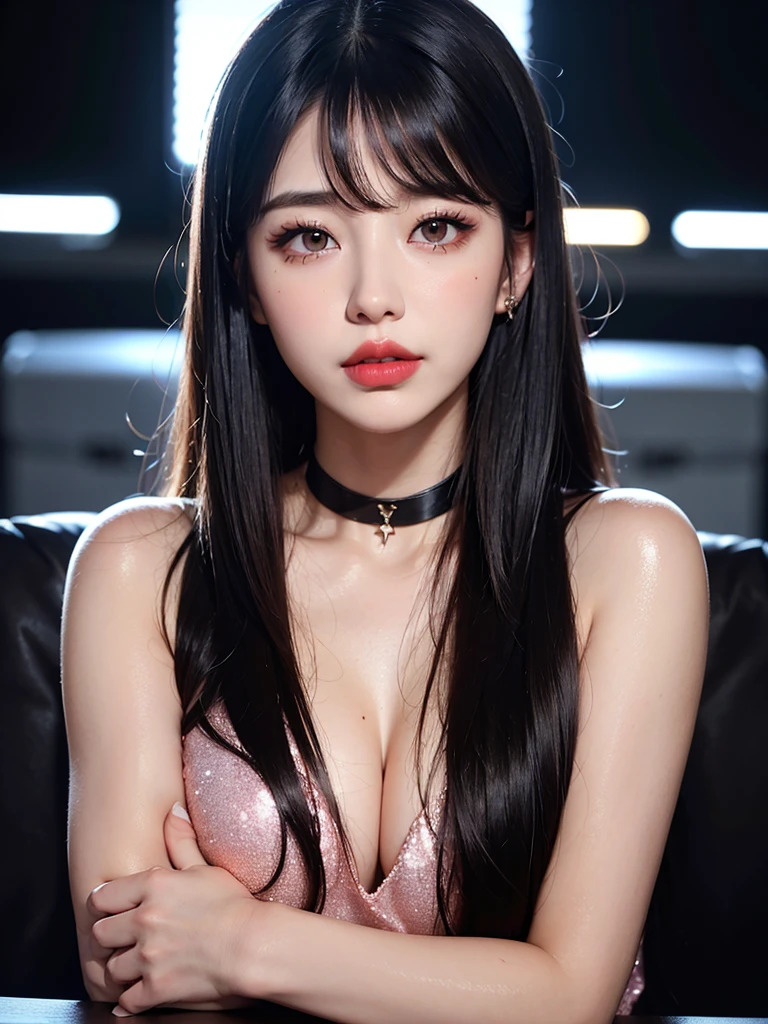 1girl, alone, solitary, high quality, (best quality,4k,8k,highres,masterpiece:1.2),ultra-detailed,(realistic,photorealistic,photo-realistic:1.37),gorgeous hair,black hair,long straight hair with bangs,sharp eyes,mole under the eye,plump lips,jewelry,(high detailed skin:1.4),(rim lighting:1.3),(lit:1.3),(sunny day:1.3),portrait,beautiful lips,waist-length hair,seductive gaze,moles,casual clothes,colorful clothing,close up,super long hair,choker necklace,light eyes,bangs,fringe,20 year old,dimples on the cheeks,dimples,jet black hair,darkhair,dark black hair,black,red lips,red lipstick,round lips,round pouty lips,pouty lips,douyin makeup, sparkly makeup,glitter,contact lenses