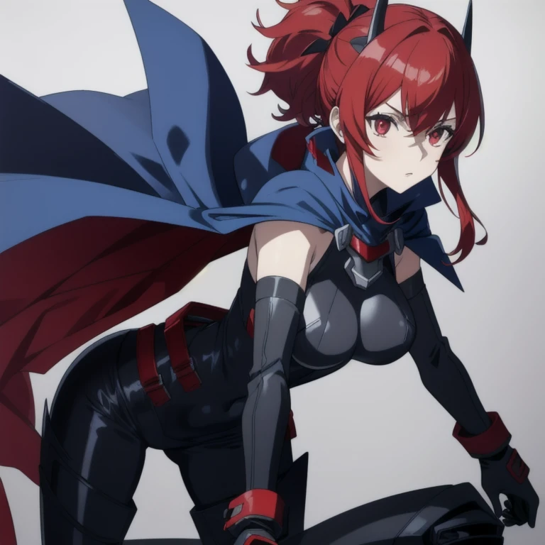Girl1, solo, Phantoma, hells 2008, hells angels, anime_style, helmet, blue cape, black bodysuit, black gloves, red eyes, blue breasts, grey skin, red hair, spike shoulders pads 