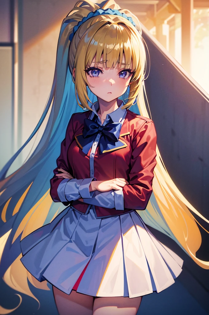 (8k, best quality, masterpiece,ultra detailed, ultra high res:1.2), BREAK (anime keyvisual:1.1), 
1girl,
Kei Karuizawa, 
Kei Karuizawa \(youjitsu\),
long hair, ponytail, 
yellow hair, 
purple eyes, 
blue bow, hair scrunchie, 
medium breasts, 
, red blazer, long sleeves, blue blouse, pleated white skirt, white calf socks, 
looking at viewer, 
cowboy shot, 
perfect light, 