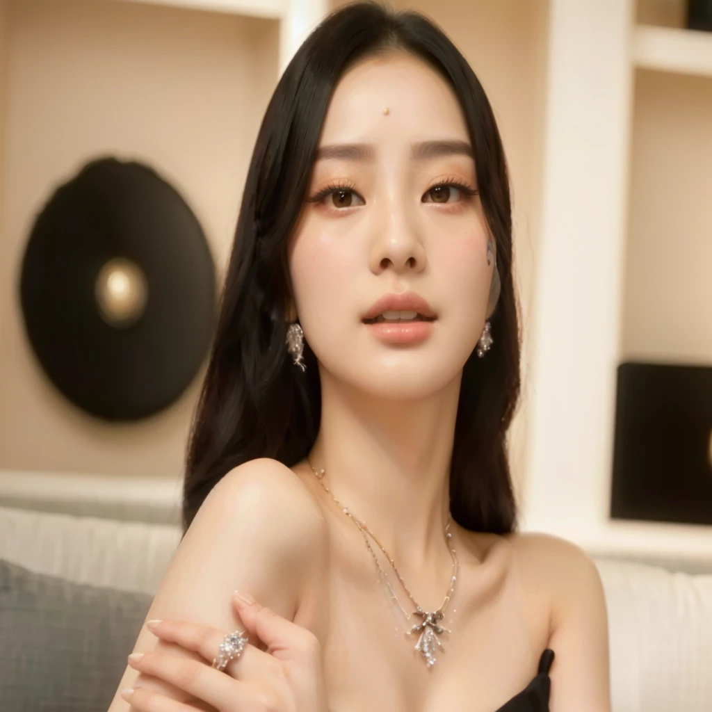 araffe woman in black dress sitting on a couch with a diamond necklace, dilraba dilmurat, inspired by Zhang Yin, female actress from korea, beautiful south korean woman, 8 k ), jia, gongbi, inspired by Tang Sin Yun Sandara, hwang se - on, eora, jisoo of blackpink, inspired by Huang Ji, cute korean actress