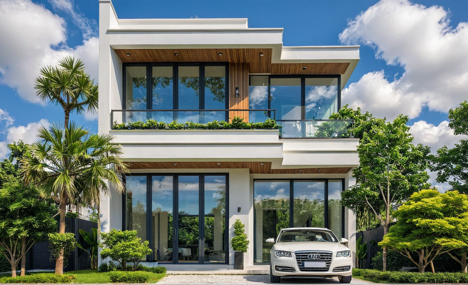 Masterpiece, high quality, best quality, authentic, super detail, outdoors, onestoreyvillaXL, aiaigroup, house style modern on the street ,stairs, white wall ,road,pavement, grass, trees, sky, cloud, (daylight:1.1)
