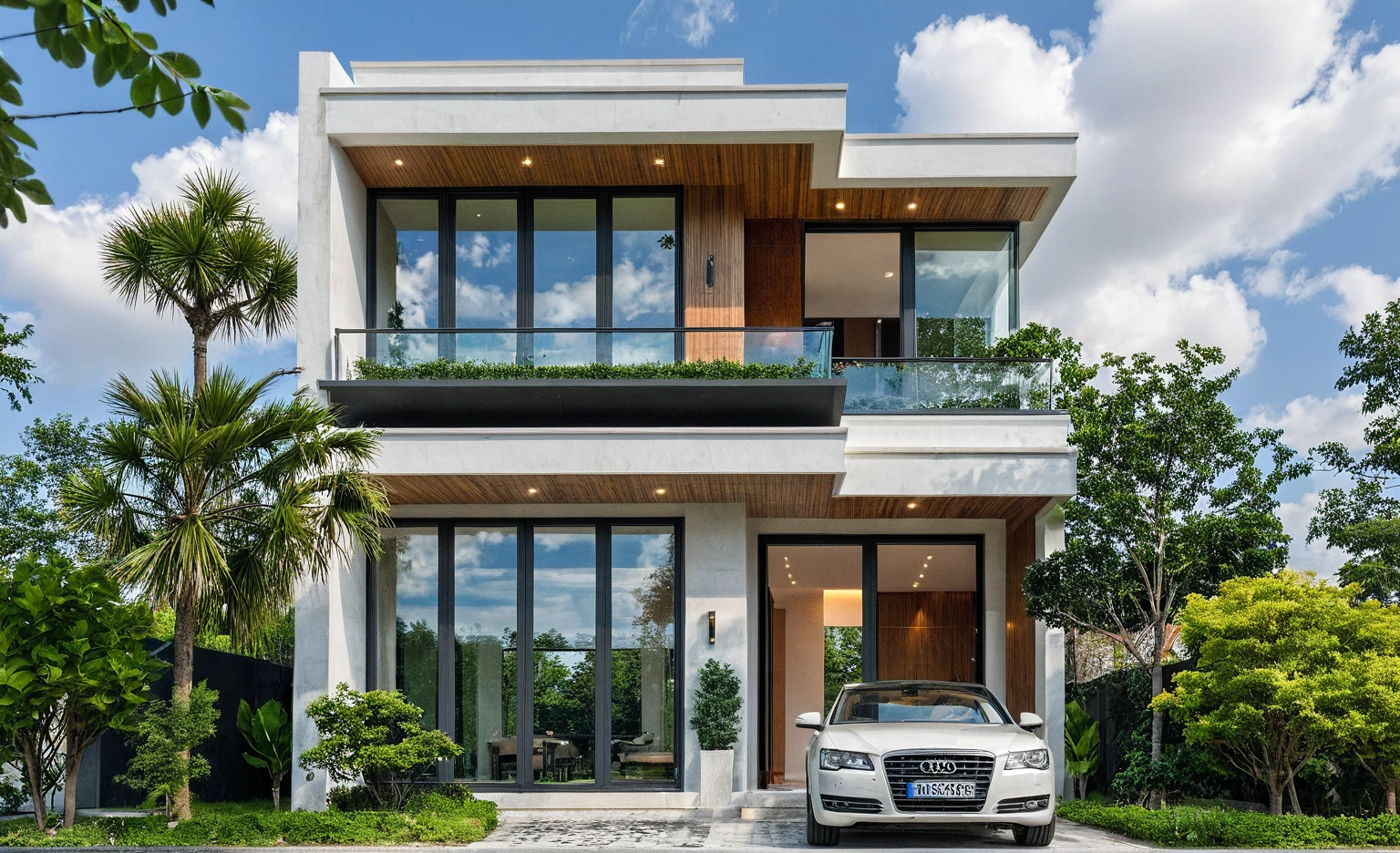 Masterpiece, high quality, best quality, authentic, super detail, outdoors, onestoreyvillaXL, aiaigroup, house style modern on the street ,stairs, white wall ,road,pavement, grass, trees, sky, cloud, (daylight:1.1)