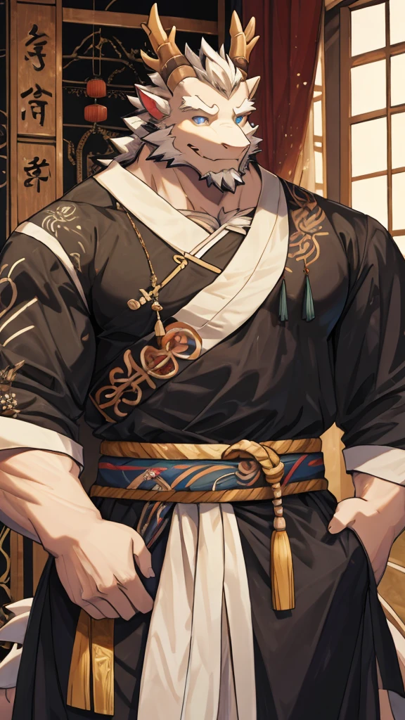(white eastern dragon),furry,white mustache,big pecs,hearty males,muscular,black imperial robe,adult,traditional_chinese_room,head portrait
