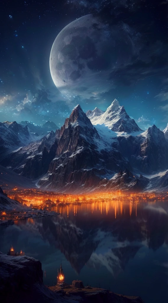 mountains and a lake with a moon in the sky, 4k highly detailed digital art, 4 k hd wallpaper very detailed, impressive fantasy landscape, sci-fi fantasy desktop wallpaper, unreal engine 4k wallpaper, 4k detailed digital art, sci-fi fantasy wallpaper, epic dreamlike fantasy landscape, 4k hd matte digital painting, 8k stunning artwork