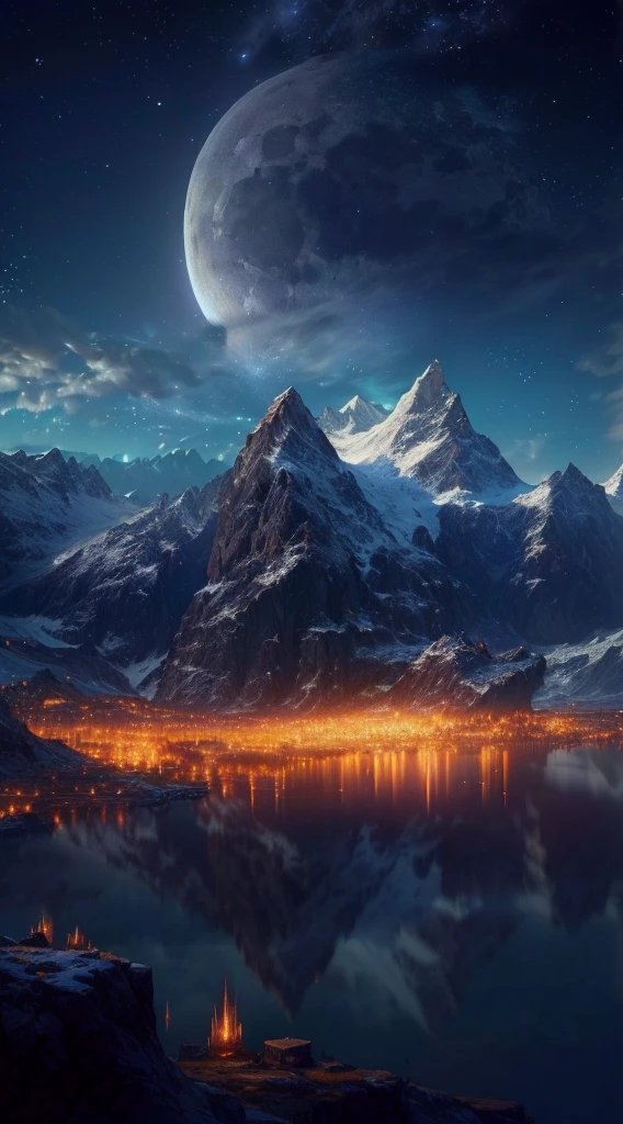 mountains and a lake with a moon in the sky, 4k highly detailed digital art, 4 k hd wallpaper very detailed, impressive fantasy landscape, sci-fi fantasy desktop wallpaper, unreal engine 4k wallpaper, 4k detailed digital art, sci-fi fantasy wallpaper, epic dreamlike fantasy landscape, 4k hd matte digital painting, 8k stunning artwork