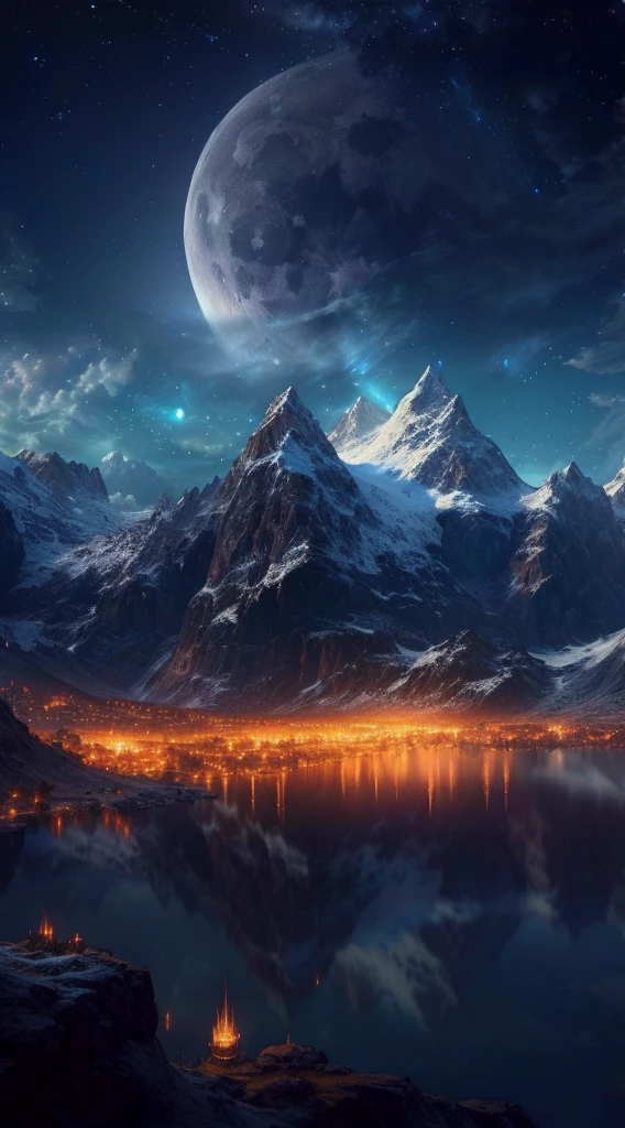 mountains and a lake with a moon in the sky, 4k highly detailed digital art, 4 k hd wallpaper very detailed, impressive fantasy landscape, sci-fi fantasy desktop wallpaper, unreal engine 4k wallpaper, 4k detailed digital art, sci-fi fantasy wallpaper, epic dreamlike fantasy landscape, 4k hd matte digital painting, 8k stunning artwork