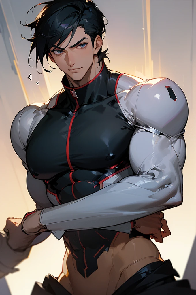 (masterpiece), best quality, expressive eyes, perfect face, anime, guy, black hair and eyes, good looking, muscular, gentle smile, adult, handsome guy, heart throb, cool short hair cut, dramatic lighting, cool clothing, anime, bara, sexy half android