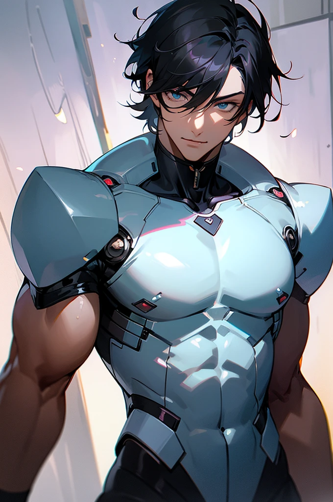 (masterpiece), best quality, expressive eyes, perfect face, anime, guy, black hair and eyes, good looking, muscular, gentle smile, adult, handsome guy, heart throb, cool short hair cut, dramatic lighting, cool clothing, anime, bara, sexy half android