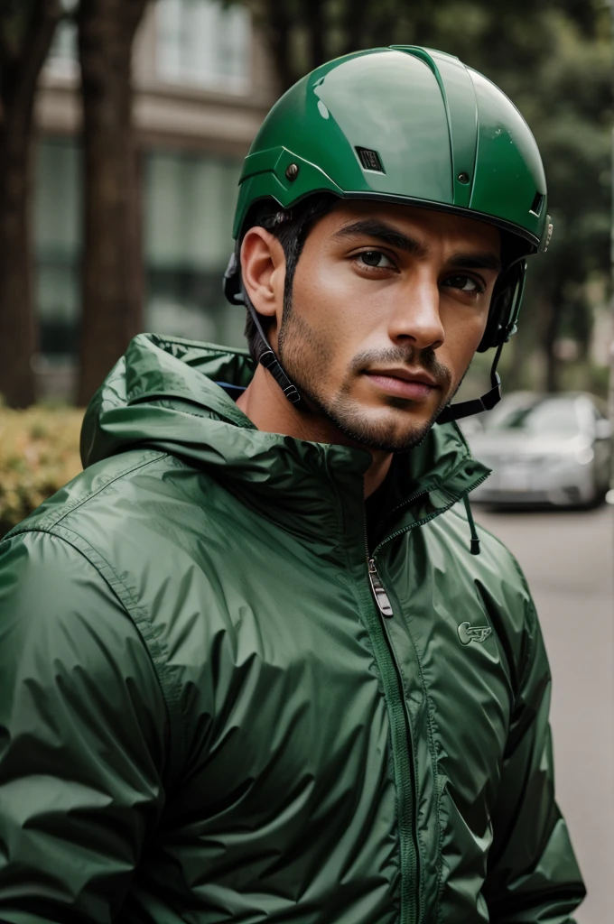 A men with green jacket and green helmet 