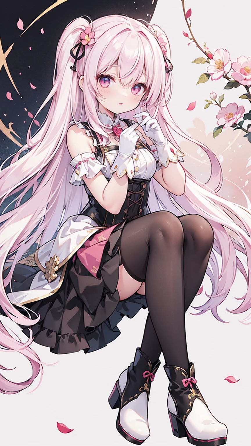 The character in the image has long, wavy white hair with pink tips, an eyepiece over the right eye, reddish eyes, and a fantasy-steampunk outfit with maroon, gold, white, and black colors. The outfit includes puffed shoulders, a corset-style middle, a short skirt, black tights, high-heeled boots with floral decorations, and petal-like adornments at the waist. They wear white gloves and have a floral theme in their attire.