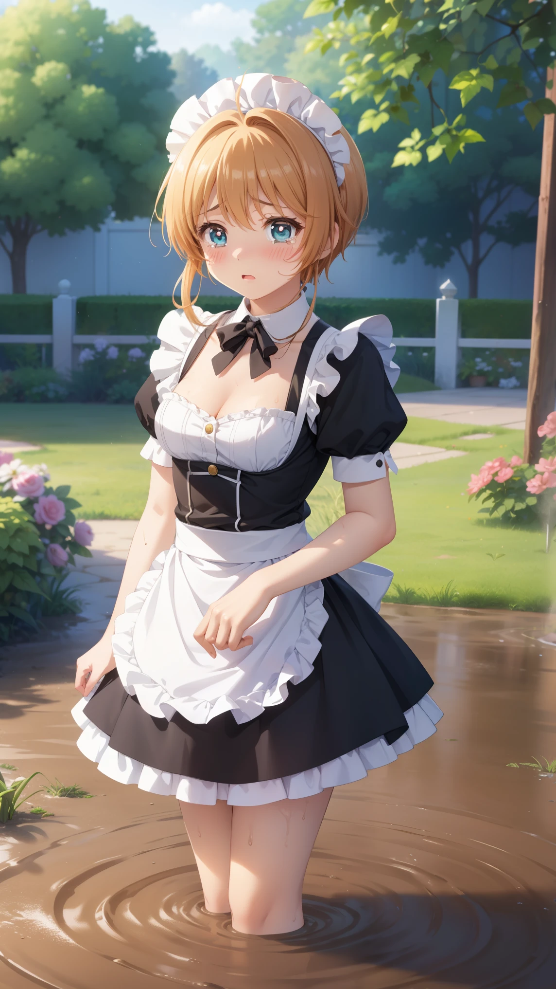 masterpiece, best quality, highres, 1girl, detailed face, blush, anime CG style, (medium breasts), (18 year old girl:1.3), (aged up), good lighting, perfect body, sakura kinomoto, glossy lips, cleavage, (curvy), maid, short puffy sleeves, small maid apron, garden, (sinking in mud), upset, tears on cheeks, standing