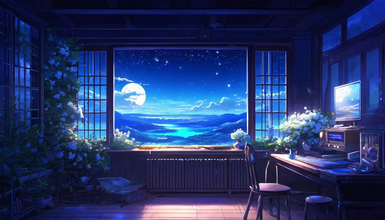 A tranquil scene unfolds in a magical laboratory setting.: Showcasing a serene moonlit landscape. The white flowers are gently illuminated by blue neon lights.. Vocal mic and headphones、It suggests creativity resonating in the air.. Anime style digital painting, Winner of pixiv contest, Create a cozy atmosphere, Enchanting atmosphere, A work that combines mystical realism with the charm of a fairy tale.、Captivate the audience.