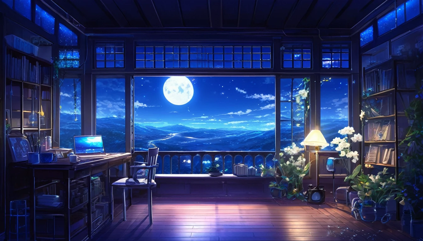 A tranquil scene unfolds in a magical laboratory setting.: Showcasing a serene moonlit landscape. The white flowers are gently illuminated by blue neon lights.. Vocal mic and headphones、It suggests creativity resonating in the air.. Anime style digital painting, Winner of pixiv contest, Create a cozy atmosphere, Enchanting atmosphere, A work that combines mystical realism with the charm of a fairy tale.、Captivate the audience.