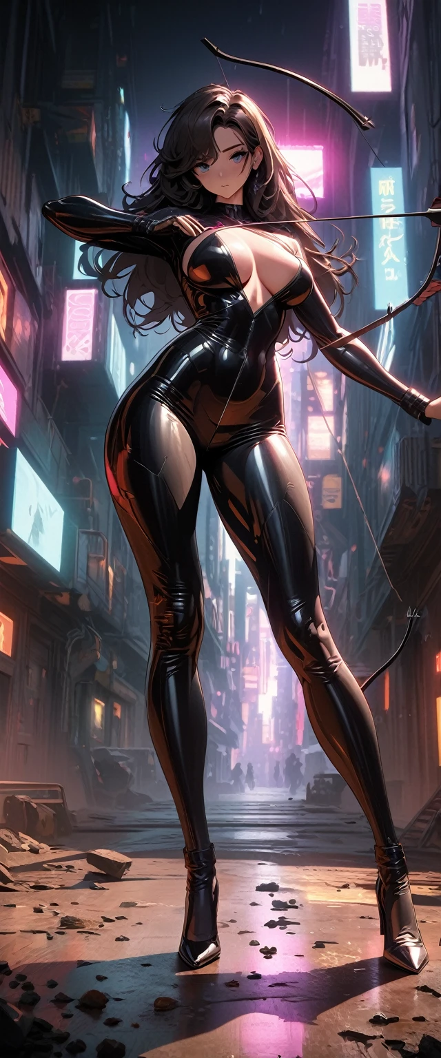 Cyberpunk style，30-year-old mature and charming woman，Leather bodysuit covers the entire body，Full breasts，High heels，Shoot at me with a bow and arrow，（There are a lot of small pieces of gravel floating in the air around me.:1.5），beautiful，Glowing Effects，Celluloid style，Flat coating，HD，CG art，comics，8K，Looking at the camera，high quality，illustration，Vaporwave style，Rim Light，light，Very detailed，complicated，OC Renderer，Viewing angle，high resolution