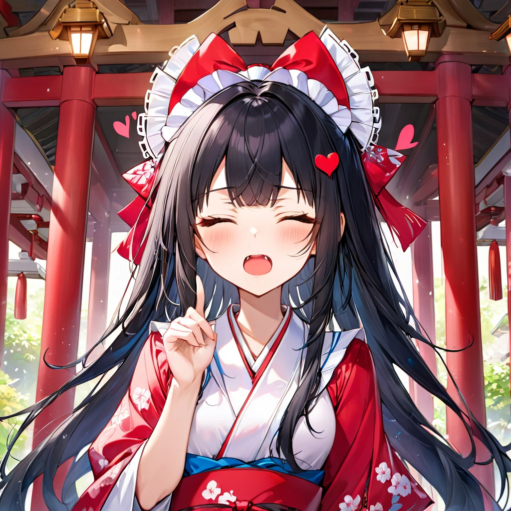(Tsundere love:1.4 mode) (15 yo, solo blunt bangs:1.3 black hair long hair cute shrine maiden girl, sexy closed eyes, angry:1.3 face, pink lip open mouth), break, (in a summer shrine maiden clothes), (index finger raised), BREAK, ((heart effect)), perfect anatomy, masterpiece, best quality, 16k, beautiful detailed grow, daydreaming expression.
