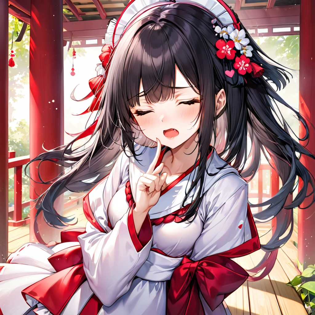 (Tsundere love:1.4 mode) (15 yo, solo blunt bangs:1.3 black hair long hair cute shrine maiden girl, sexy closed eyes, angry:1.3 face, pink lip open mouth), break, (in a summer shrine maiden clothes), (index finger raised), BREAK, ((heart effect)), perfect anatomy, masterpiece, best quality, 16k, beautiful detailed grow, daydreaming expression.