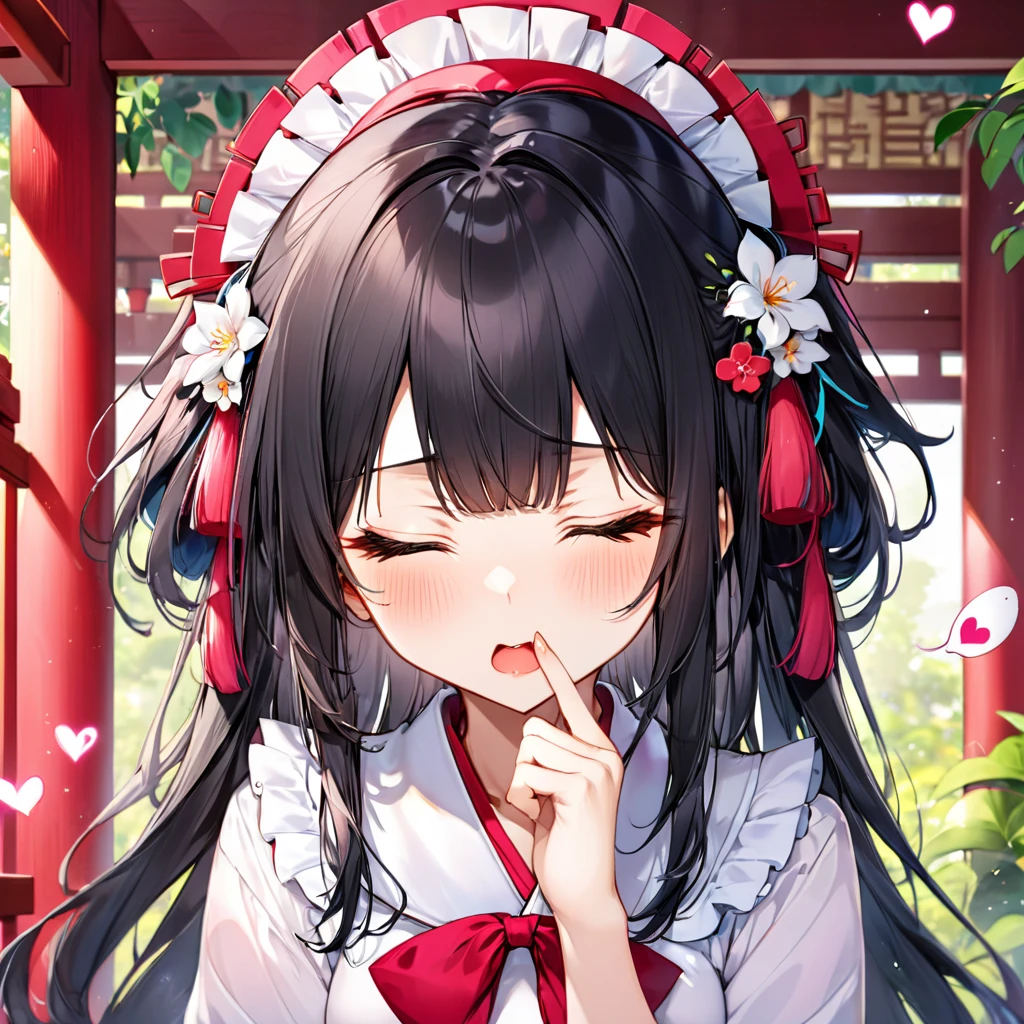 (Tsundere love:1.4 mode) (15 yo, solo blunt bangs:1.3 black hair long hair cute shrine maiden girl, sexy closed eyes, angry:1.3 face, pink lip open mouth), break, (in a summer shrine maiden clothes), (index finger raised), BREAK, ((heart effect)), perfect anatomy, masterpiece, best quality, 16k, beautiful detailed grow, daydreaming expression.