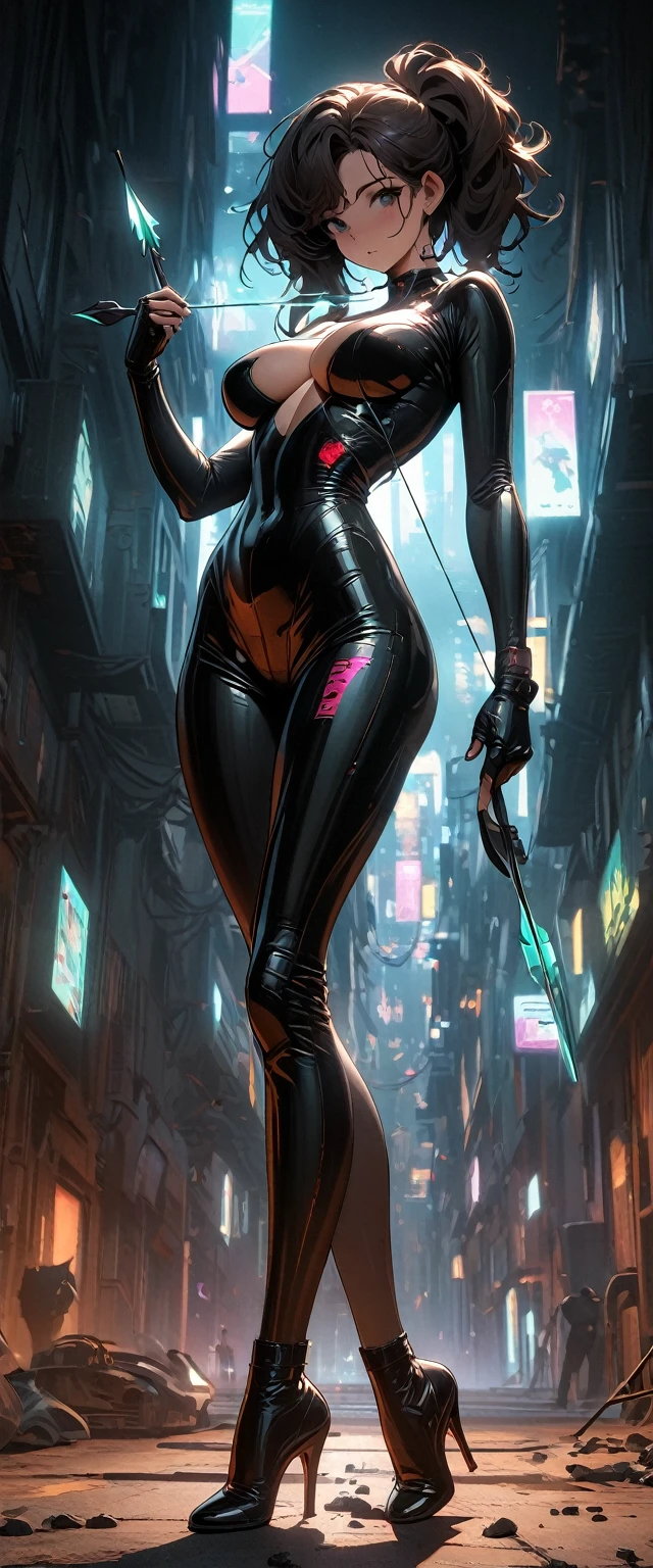 Cyberpunk style，30-year-old mature and charming woman，Leather bodysuit covers the entire body，Full breasts，High heels，Shoot at me with a bow and arrow，（There are a lot of small pieces of gravel floating in the air around me.:1.5），beautiful，Glowing Effects，Celluloid style，Flat coating，HD，CG art，comics，8K，Looking at the camera，high quality，illustration，Vaporwave style，Rim Light，light，Very detailed，complicated，OC Renderer，Viewing angle，high resolution