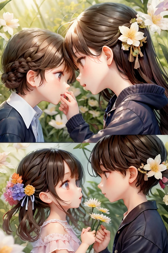 (Highest quality)(Masterpiece)A little boy and girl are facing each other and kissing、Many colorful flowers are blooming