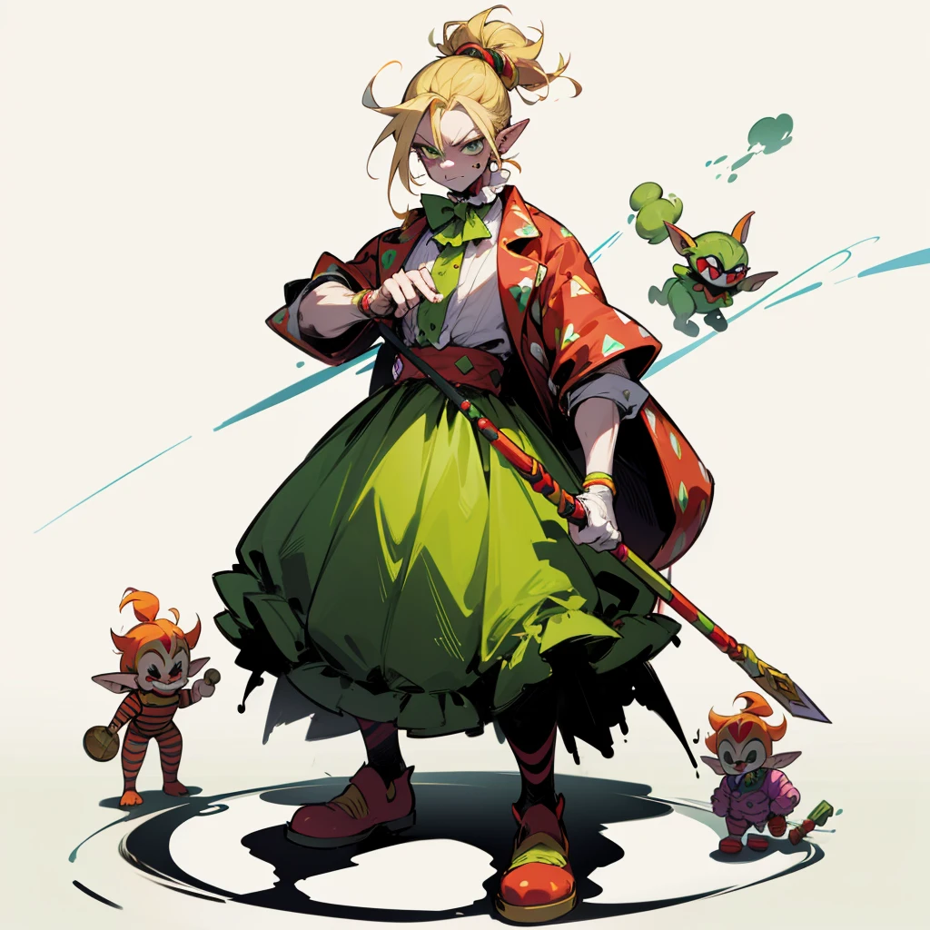 Random evolution, circuit clown, mascot, goblin man, (full body version), (1Man), (Clown make up on face), green eyes, blonde colour hair, man bun hairstyle, ((Whip weapon in hand)), Grassroots