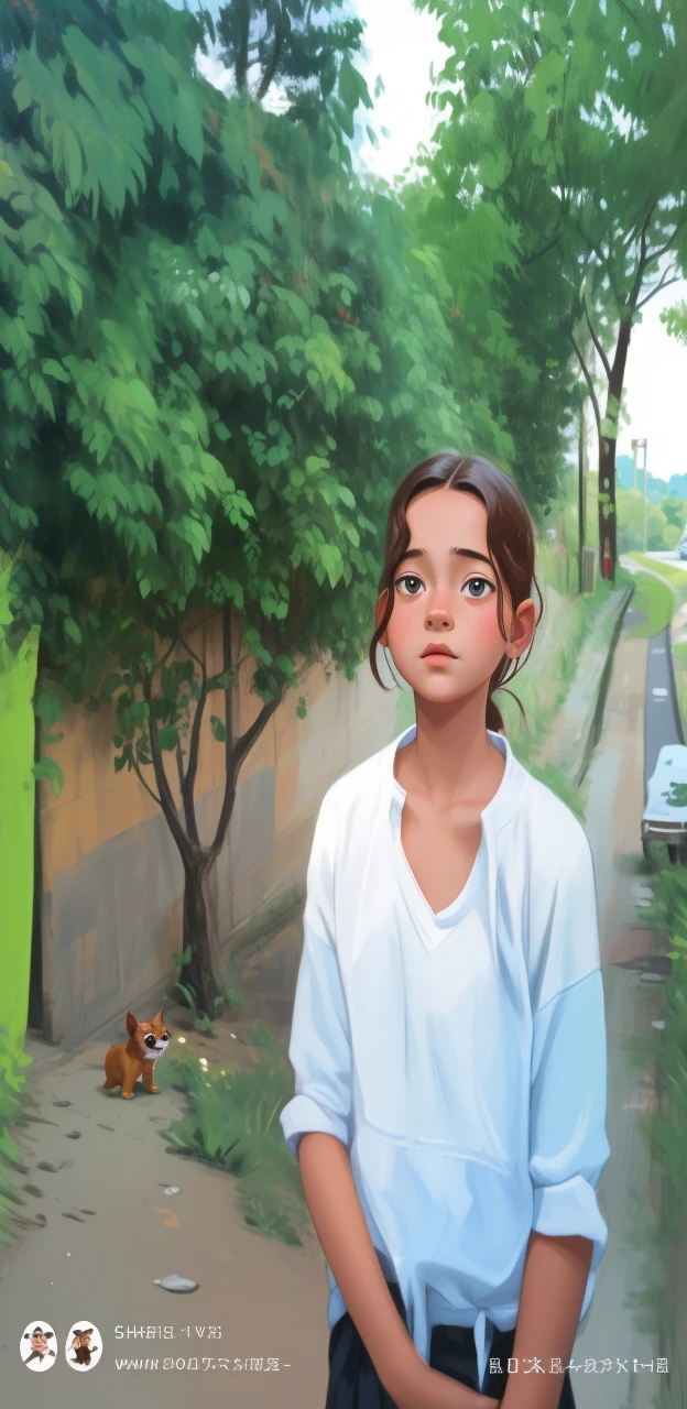 Realistic portrait of a thirteen-year-old girl, she wears a red shirt . Her face is exploratory and childish . She stands on the road , A small dog is among the bushes and she touches it cautiously ,Not facing the camera,, Hair is untidy and long,