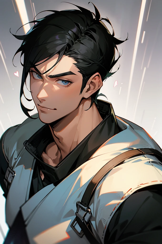 (masterpiece), best quality, expressive eyes, perfect face, anime, guy, black hair and eyes, good looking, muscular, gentle smile, adult, handsome guy, heart throb, cool short hair cut, dramatic lighting, cool clothing, anime, bara, sexy half android