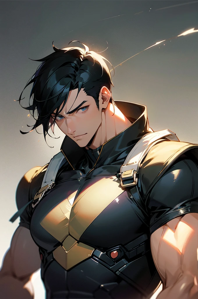 (masterpiece), best quality, expressive eyes, perfect face, anime, guy, black hair and eyes, good looking, muscular, gentle smile, adult, handsome guy, heart throb, cool short hair cut, dramatic lighting, cool clothing, anime, bara, sexy half android