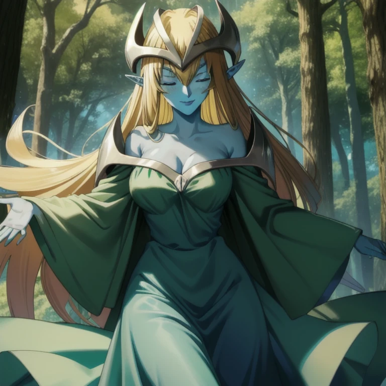 mysticalygo, mystical elf, smile, medium breasts, eyes closed, green dress, long skirt, blue skin, blonde hair, long hair, forest, Yugioh, 