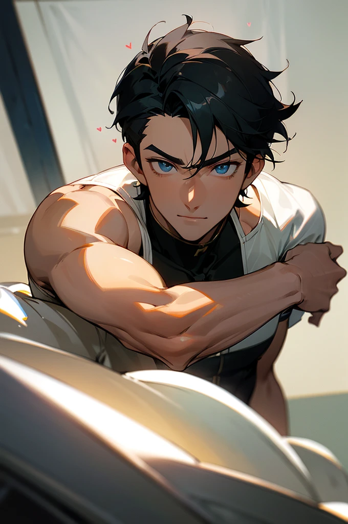 (masterpiece), best quality, expressive eyes, perfect face, anime, guy, black hair and eyes, good looking, muscular, gentle smile, adult, handsome guy, heart throb, cool short hair cut, dramatic lighting, cool clothing, anime, bara, sexy