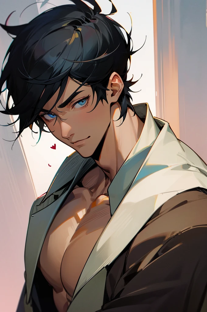 (masterpiece), best quality, expressive eyes, perfect face, anime, guy, black hair and eyes, good looking, muscular, gentle smile, adult, handsome guy, heart throb, cool short hair cut, dramatic lighting, cool clothing, anime, bara, sexy