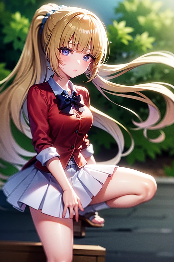 (8k, best quality, masterpiece,ultra detailed, ultra high res:1.2), BREAK (anime keyvisual:1.1), 
1girl,
Kei Karuizawa, 
Kei Karuizawa \(youjitsu\),
long hair, ponytail, 
yellow hair, 
purple eyes, 
blue bow, hair scrunchie, 
medium breasts, 
, red blazer, long sleeves, blue blouse, pleated white skirt, white calf socks, 
looking at viewer, 
cowboy shot, 
perfect light, 
