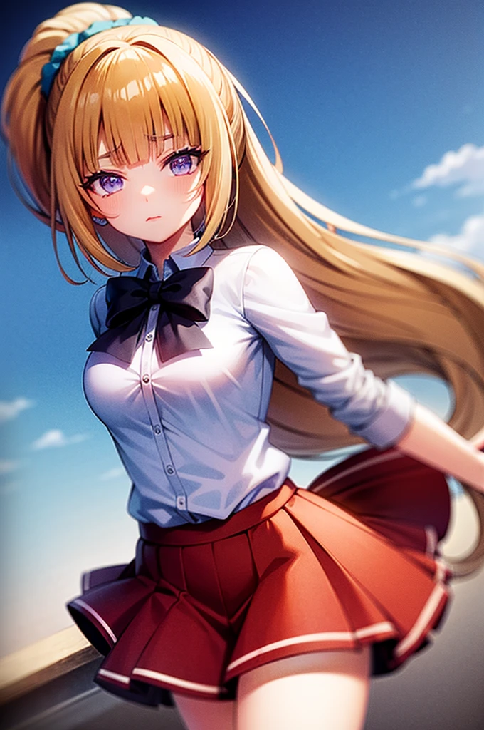 (8k, best quality, masterpiece,ultra detailed, ultra high res:1.2), BREAK (anime keyvisual:1.1),
1girl,
Kei Karuizawa,
Kei Karuizawa \(youjitsu\),
long hair, ponytail,
yellow hair,
purple eyes,
blue bow, hair scrunchie,
medium breasts,
, red blazer, long sleeves, blue blouse, pleated white skirt, white calf socks,
looking at viewer,
cowboy shot,
perfect light,