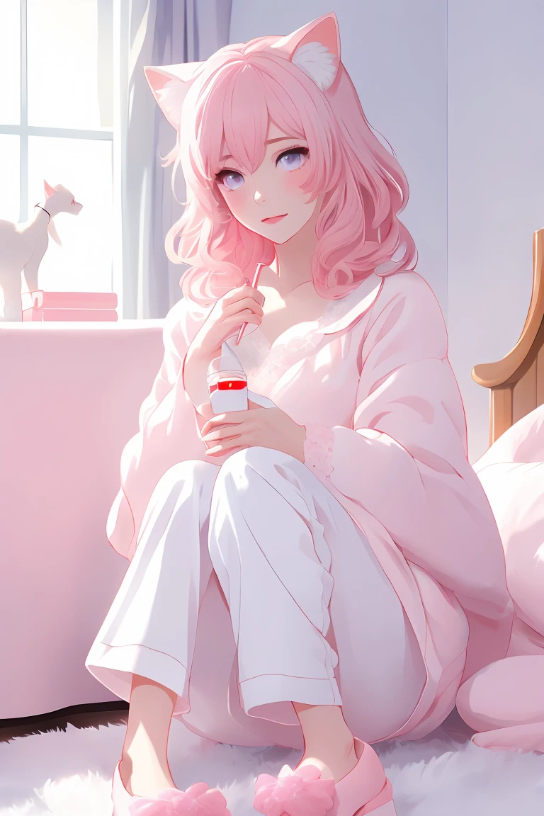 score_9,score_8_up,score_7_up,masterpiece, top quality, best quality, official art, beautiful and aesthetic, animation, , 1girl with cat ear, perfect figure, pink hair, complicated details, bedroom, milk, white pajamas, pink slippers ,
