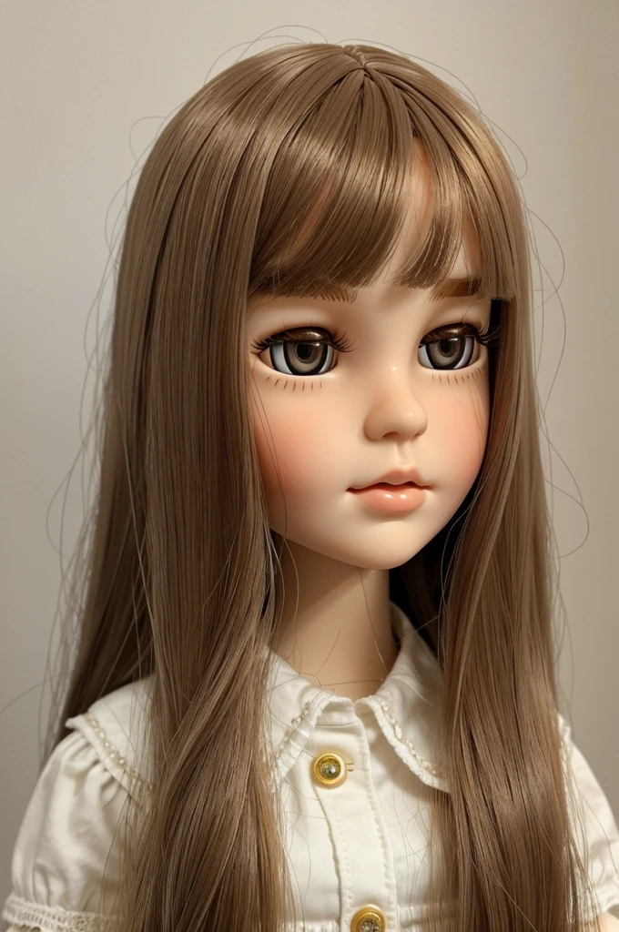 Create me a white blythe doll with long hair without bangs, straight and brown, reaching orange, long eyelashes, a slightly wide nose, thin lips and three small moles on her right cheek that form a small triangle