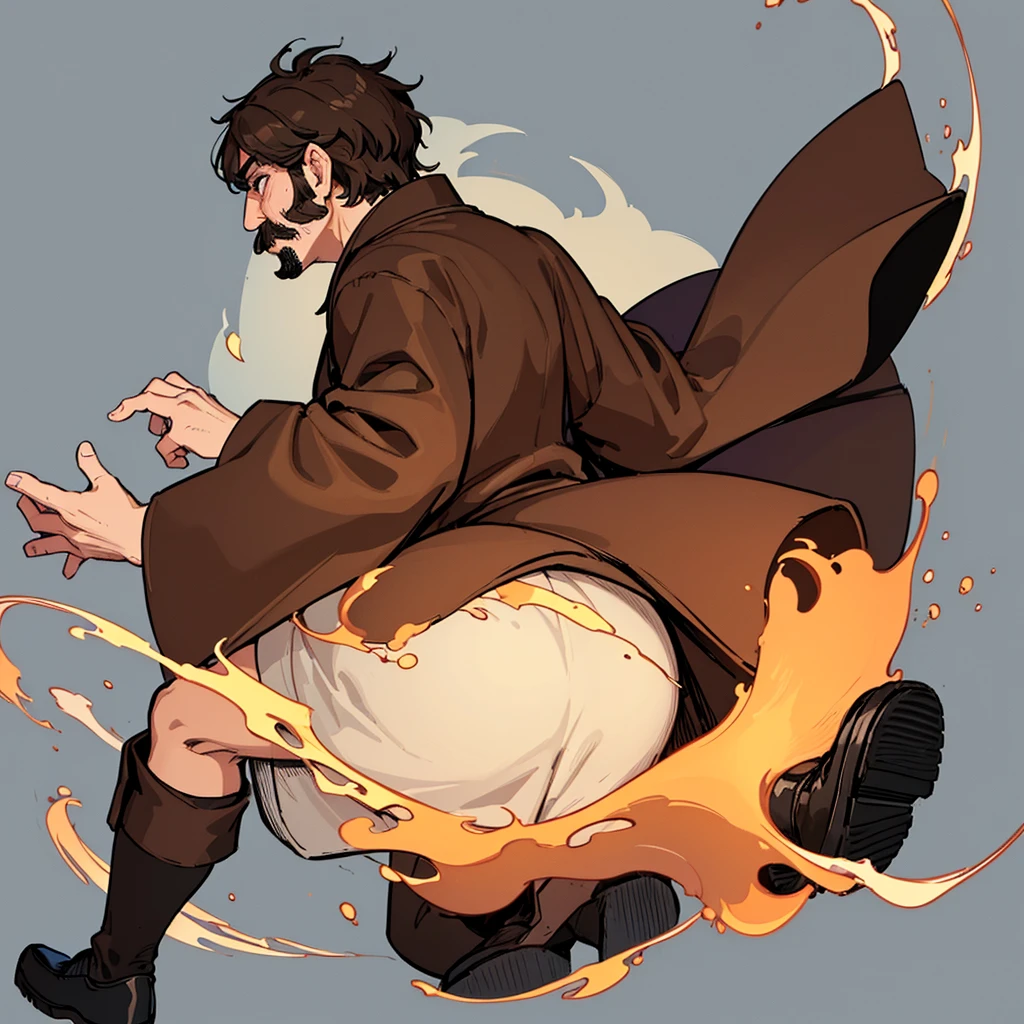 ((((Solo))))、Highest quality, Best Quality,Best illustrationiddle ages、(((Simple brown robe、Black shoes)))、(40-year-old uncle、mature、Kaiser moustache)、(anxiety、fear)、Dramatic Angle、From the back