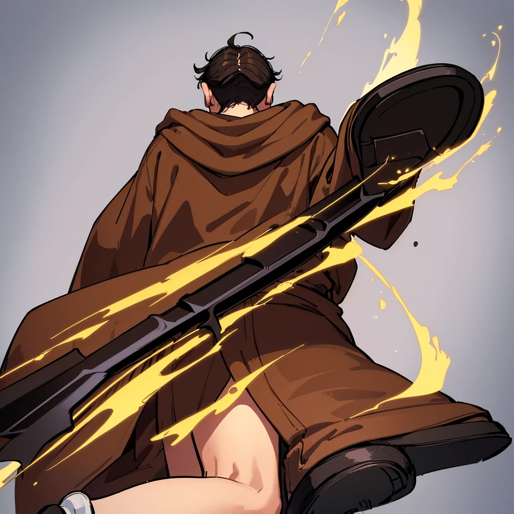 ((((Solo))))、Highest quality, Best Quality,Best illustrationiddle ages、(((Simple brown robe、Black shoes)))、(40-year-old uncle、mature、Kaiser moustache)、(anxiety、fear)、Dramatic Angle、From the back