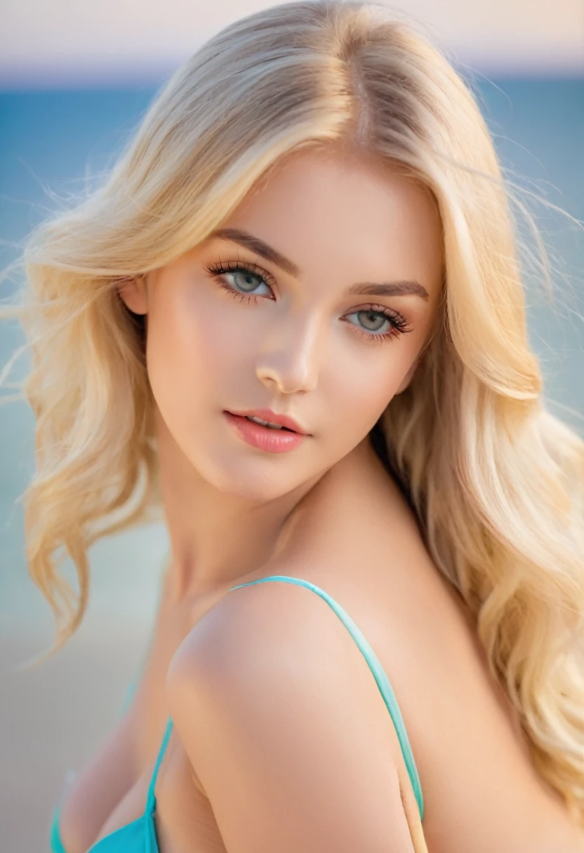 Leila、、(Russian women)、(Cute face:1.3)、(((thick upper lip)))、Thin contours、Grey Eyes、、Blonde medium-long hair、Big Breasts、Model Style、(((Angle up to the knee:1.3)))、bikini
