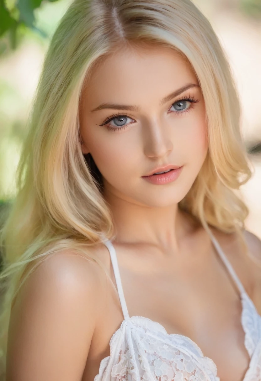 Leila、17 years old、(Russian women)、(Cute face:1.3)、(((thick upper lip)))、Thin contours、Grey Eyes、、Blonde medium-long hair、Big Breasts、Model Style、(((Angle up to the knee:1.3)))、bikini