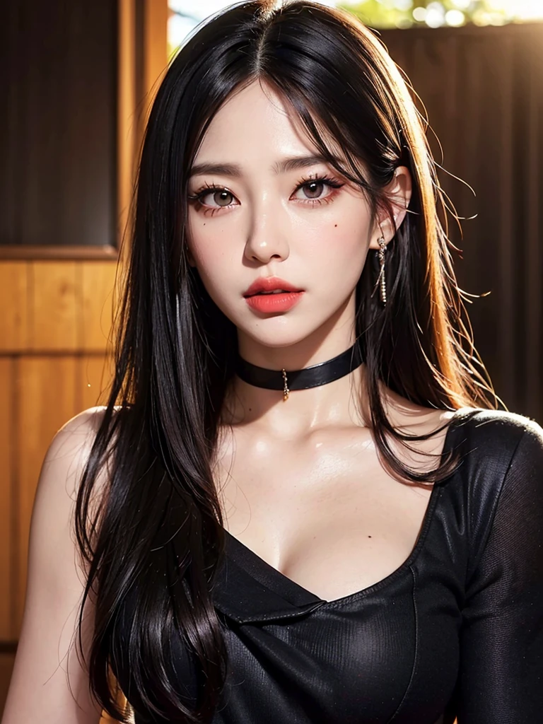 1girl, alone, solitary, high quality, (best quality,4k,8k,highres,masterpiece:1.2),ultra-detailed,(realistic,photorealistic,photo-realistic:1.37),gorgeous hair,black hair,long straight hair with bangs,sharp eyes,mole under the eye,plump lips,jewelry,(high detailed skin:1.4),(rim lighting:1.3),(lit:1.3),(sunny day:1.3),portrait,beautiful lips,waist-length hair,seductive gaze,moles,casual clothes,colorful clothing,close up,super long hair,choker necklace,light eyes,bangs,fringe,20 year old,dimples on the cheeks,dimples,jet black hair,darkhair,dark black hair,black,red lips,red lipstick,round lips,round pouty lips,pouty lips,douyin makeup, sparkly makeup,glitter,contact lenses