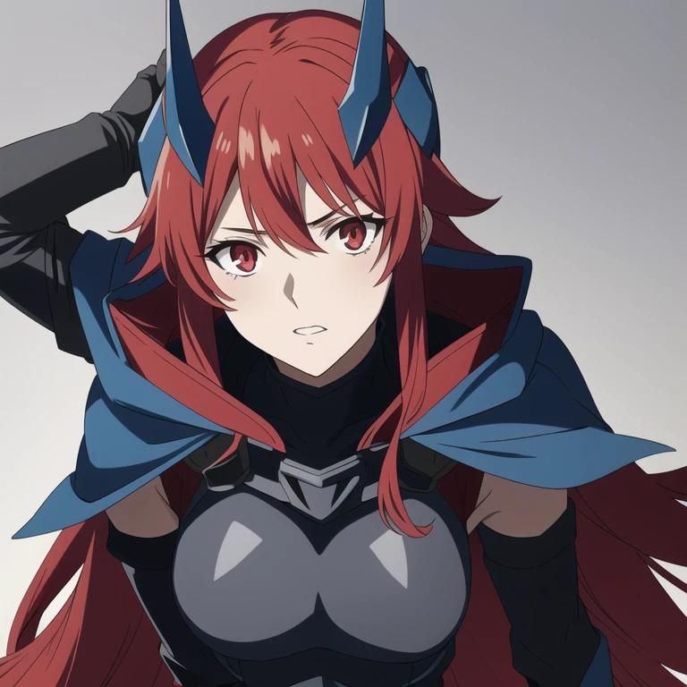 Girl1, solo, Phantoma, hells 2008, hells angels, anime_style, helmet, blue cape, black bodysuit, black gloves, red eyes, blue breasts, grey skin, red hair, spike shoulders pads