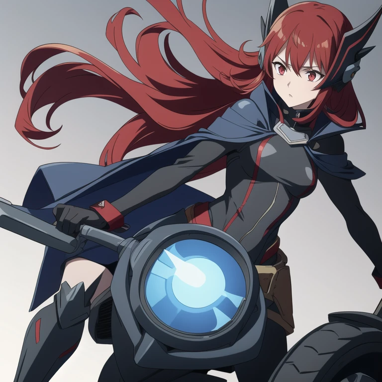 Girl1, solo, Phantoma, hells 2008, hells angels, anime_style, helmet, blue cape, black bodysuit, black gloves, red eyes, blue breasts, grey skin, red hair, spike shoulders pads