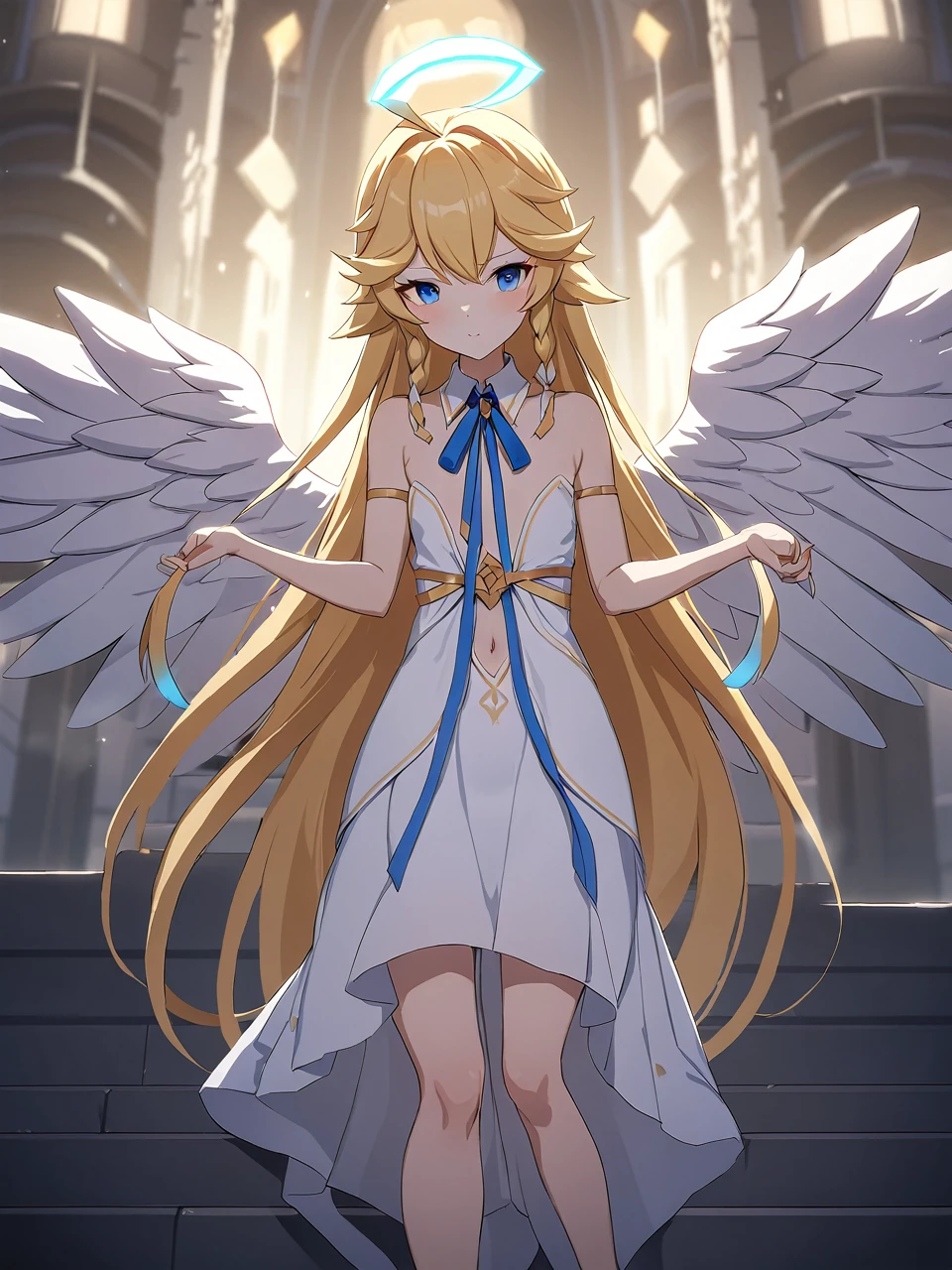 Zaora, blue eyes, (Variegated eyes:0.5), Blonde, Very long hair, Twin Blade, bangs, Ahoge, Hello, Angel, Flat Chest, White Dress, Belly button cutout, Detachable collar, Strapless, Neck ribbon, Bare shoulders, Angel wings, barefoot, One girl, Solo Break Space, Future City, Depth of written boundary, Cinematic, masterpiece, Highest quality, Game CG