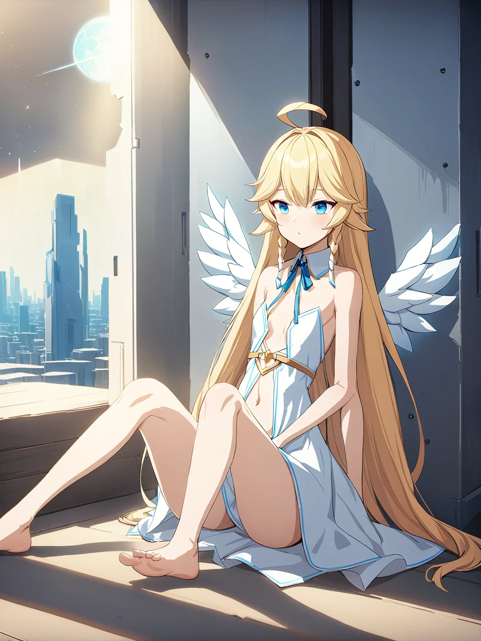 Zaora, blue eyes, (Variegated eyes:0.5), Blonde, Very long hair, Twin Blade, bangs, Ahoge, Hello, Angel, Flat Chest, White Dress, Belly button cutout, Detachable collar, Strapless, Neck ribbon, Bare shoulders, Angel wings, barefoot, One girl, Solo Break Space, Future City, Depth of written boundary, Cinematic, masterpiece, Highest quality, Game CG