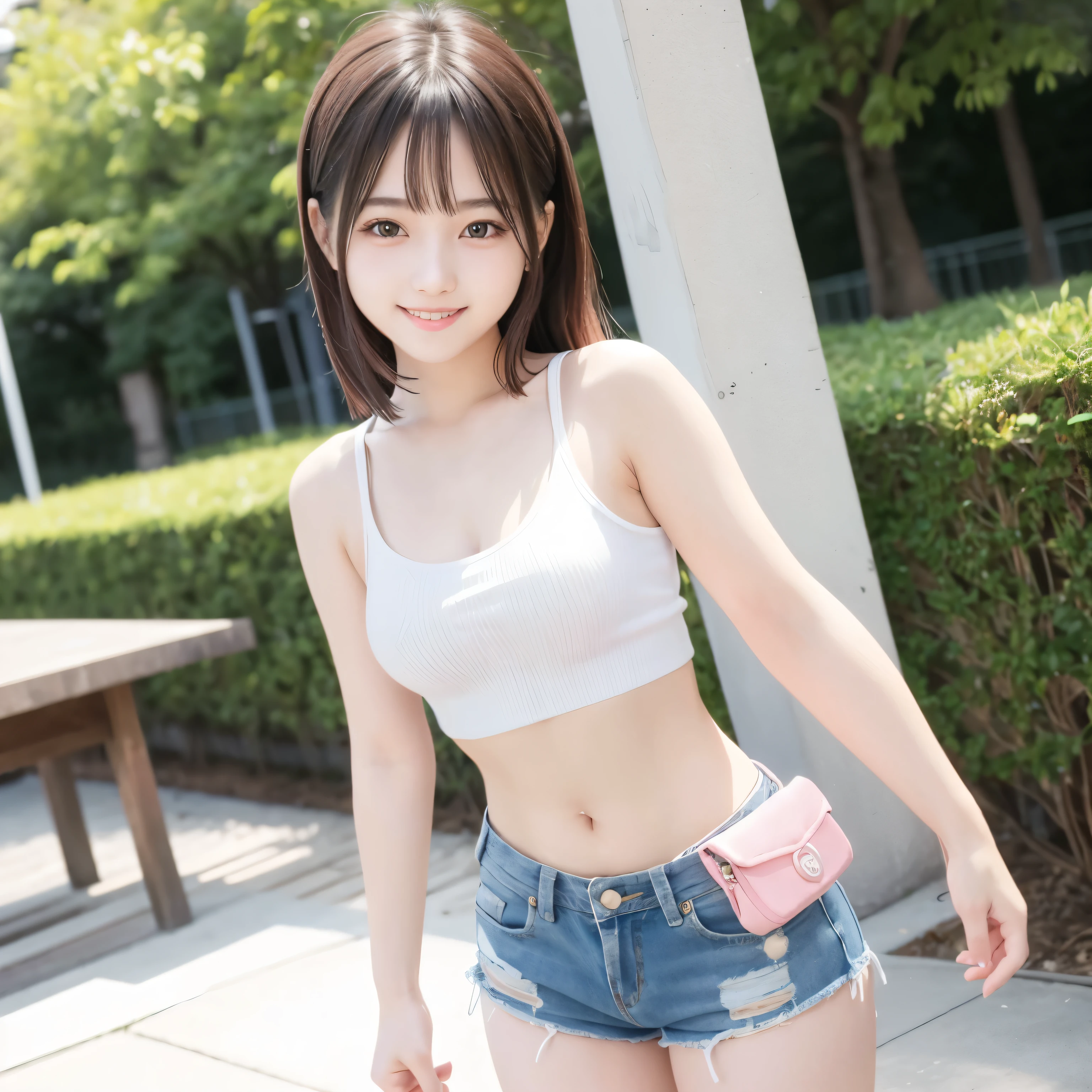 ((top-quality))、 ((masuter piece))、超A high resolution、Raw photo、intricate-detail、proffesional、foco nítido、Photorealsitic、Real life、surrealistic、photorealisim、Silhouette Light、finely detail、Highly detailed CG Unity 8K wallpapers、erfect artwork、Depth of field is deep、No perspective、细致背景、shinny hair、radiant eyes、shinny skin、realisitic、Looking at the camera、Very delicate and cute、Cute detailed girl、pure、cute large eyes、Facial Lights、Cinematic lighting、Transparent material、realistic representation of face、(intricate detailes)、no-makeup、(delicated face、Delicate eyes and face)Detailed skin、Best ratio of four fingers and one thumb、(flat-chest: 1.4)、short torso、Transcendental thin legs、Transcendent small butt、((独奏))、light、Very young face、Innocence、Facial Highlights、Professional Writing、女の子1人、White lightweight tank top with thin fabric、White Sheer Light Shorts、Back lighting、((Stand facing the front))、Hands on the hips in the style of models、florals、((non-blur))、Skinny style、((Knee shot))、((ar old))、(Beautiful pitch black shiny one-tail medium hair:1.4)、(Super beautiful girl with cute loli face:1.6)、Short stature、Beautiful shiny black hair、((Super petite and super slender girl))、((A true transcendent beautiful girl with ultra-young Japan))、Plump round face、Small face and small nose、Healthy face、Soft lips、pale cherry colored lips、(rather thin eyebrows: 1.4)、shiny large black eyes、big eye、(The corners of the mouth rise:1.4)、Clothes are see-through、Protrusions、erect through、(Shy smile:1.8)、less clothing、no sleeves、Eyes for hollow details、Floating hair、large eyes that are symmetrical、hair clips、No face makeup、