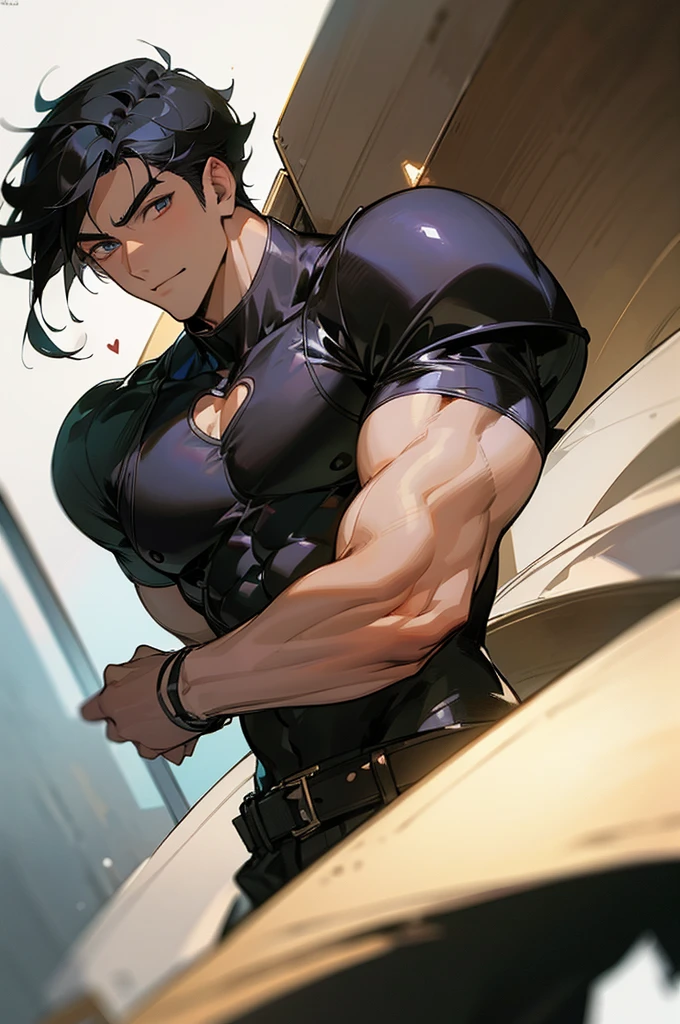 (masterpiece), best quality, expressive eyes, perfect face, anime, guy, black hair and eyes, good looking, muscular, gentle smile, adult, handsome guy, heart throb, cool short hair cut, dramatic lighting, cool clothing, anime, bara, sexy half android