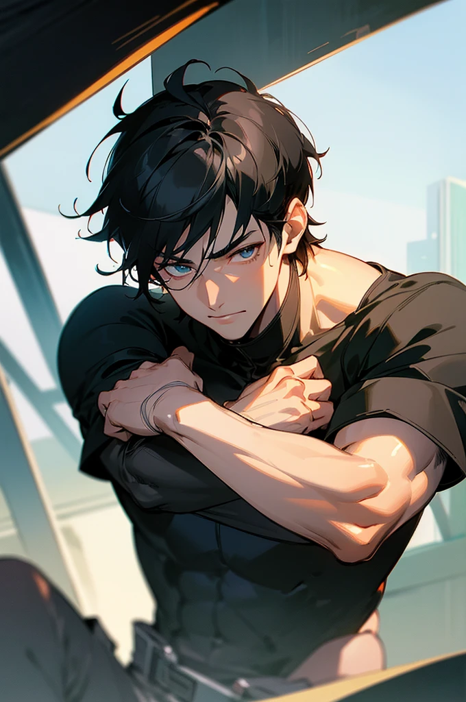 (masterpiece), best quality, expressive eyes, perfect face, anime, guy, black hair and eyes, good looking, muscular, gentle smile, adult, handsome guy, heart throb, cool short hair cut, dramatic lighting, cool clothing, anime, bara, sexy half android