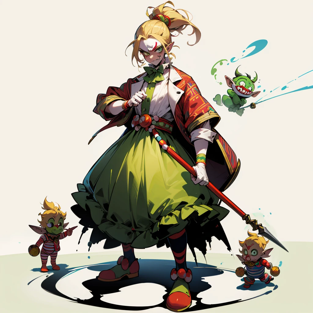 Random evolution, circuit clown, mascot, goblin man, (full body version), (1Man), (Clown make up on face), green eyes, blonde colour hair, man bun hairstyle, ((Whip weapon in hand)), Grassroots