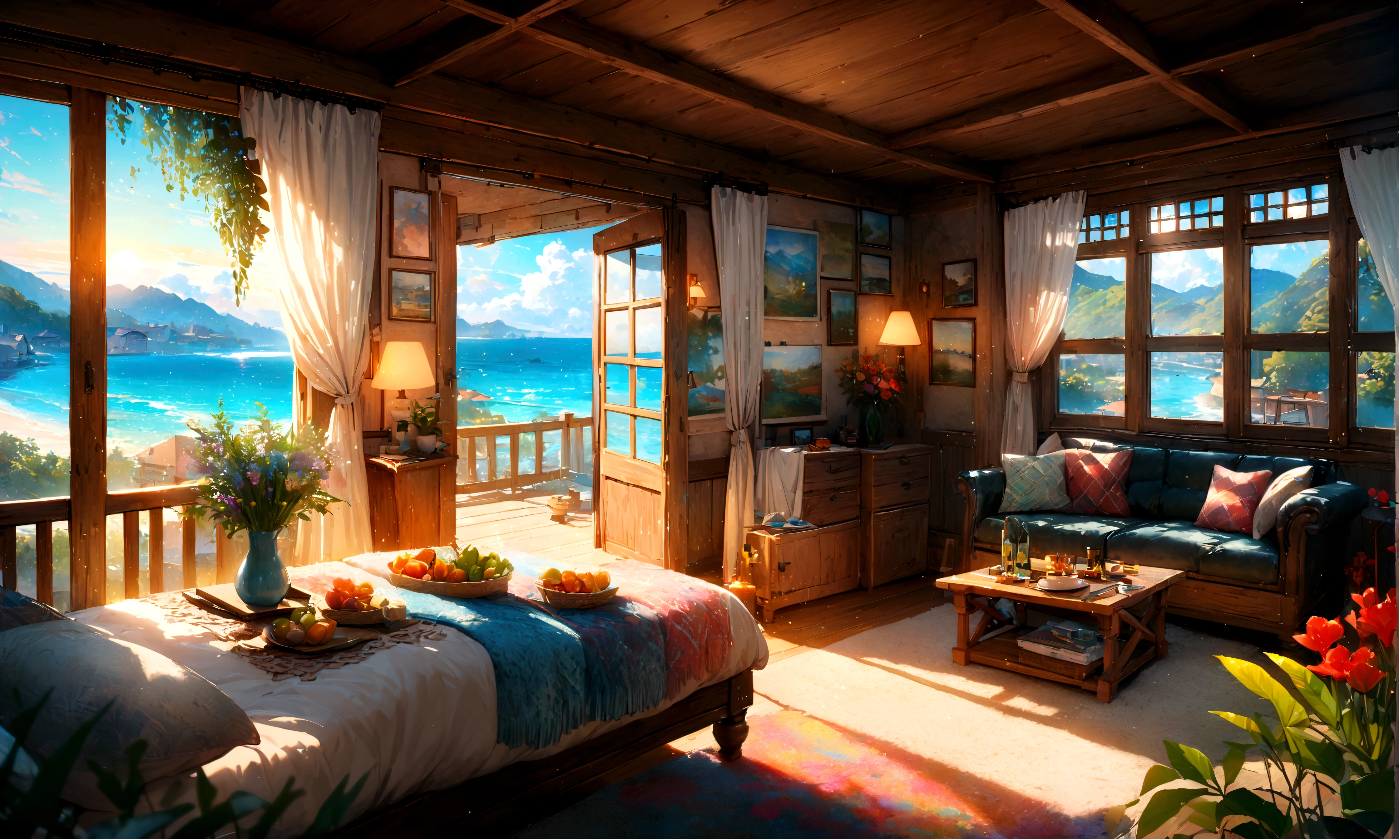 Holiday Homes, Large windows and beautiful views,Wooden Lodge,Inside the room,Blur the background,Pleasant sea breeze,Glitter effect,Highest quality, 8K, High resolution, masterpiece:1.2, Very detailed, Realistic:1.37, High resolution, 超High resolution, Ultra-fine painting, Very detailed, Professional, Vibrant colors