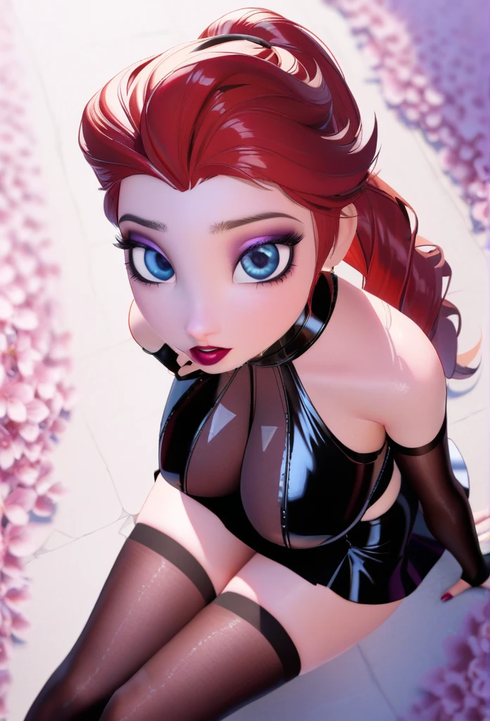 sysdeep_elsa, 1girl, solo, long_hair, big_revealed_white_breasts, looking_at_viewer, blue_eyes, ginger_ponytail_hair, thighhighs, gloves, big_breasts, sitting, wavy_ponytail, red_hair, white_strapelles_top, revealed_breasts, black_gloves, black_wet_tight_skirt, fingerless_gloves, blurry, eyelashes, single_wavy_ponytail, simple collorless_makeup, depth_of_field, pov, from_above, looking_up, lipstick, eyeshadow, mascara, flower_field,