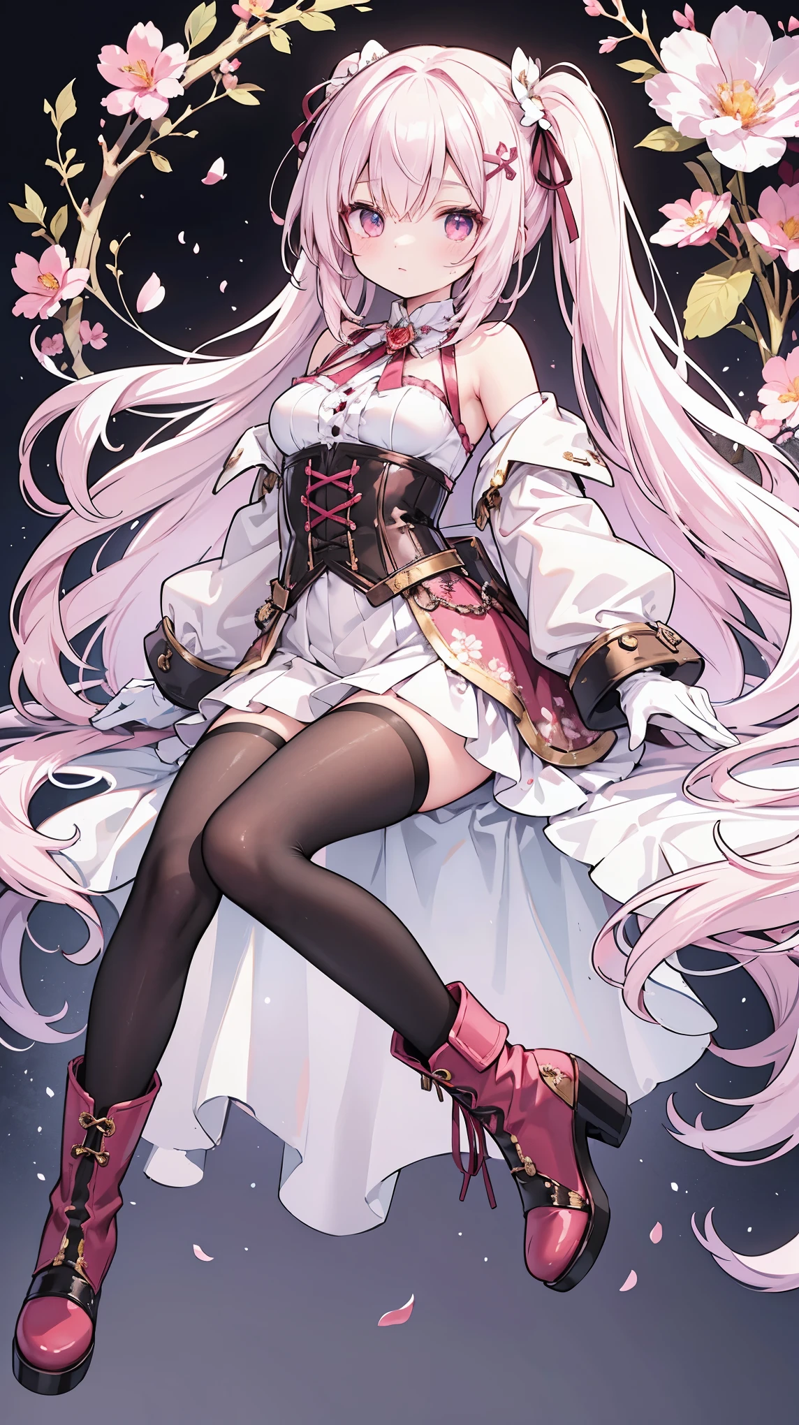 The character in the image has long, wavy white hair with pink tips, an eyepiece over the right eye, reddish eyes, and a fantasy-steampunk outfit with maroon, gold, white, and black colors. The outfit includes puffed shoulders, a corset-style middle, a short skirt, black tights, high-heeled boots with floral decorations, and petal-like adornments at the waist. They wear white gloves and have a floral theme in their attire.